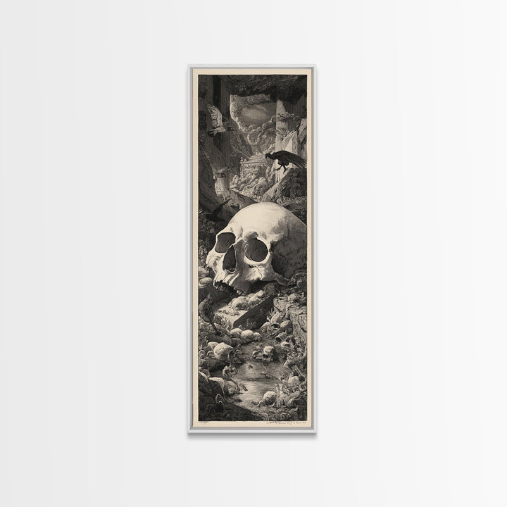 The Talking Skull, Architectural Etching Art, Tall Narrow Wall Art, Dark Fantasy Wall Art, Framed Canvas Print