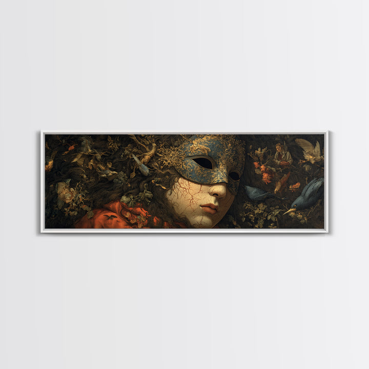 The Cracked Porcelain Mask, Medieval Grotesque Art, Extra Wide Wall Art, Dark Halloween Decor, Framed Canvas Print, Spooky Wall Decor
