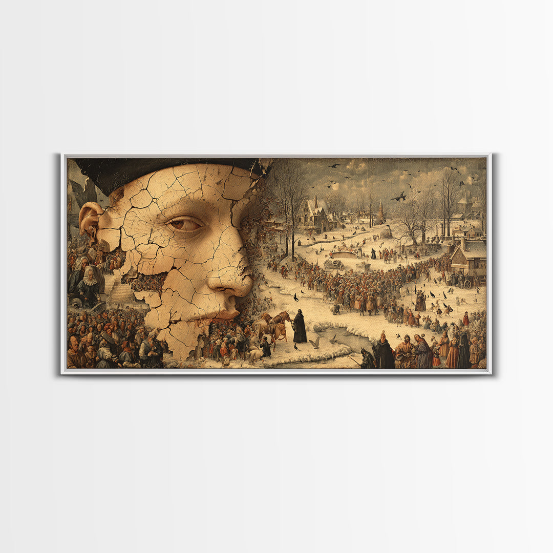 The Cracked Porcelain Mask, Northern Renaissance Horror, Wide Panoramic Art, Gothic Horror Wall Art, Canvas Print