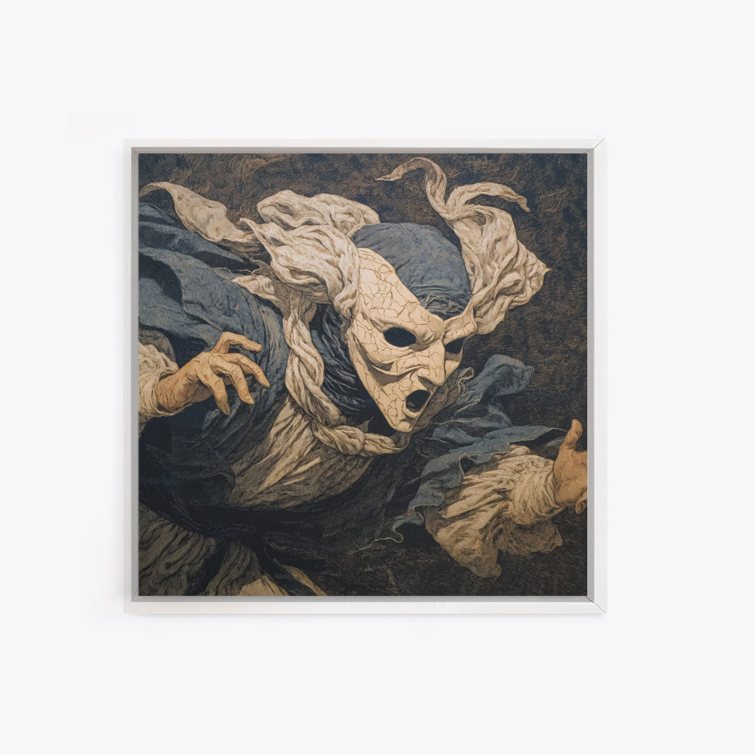 The Cracked Porcelain Mask, Symbolist Etching Art, Square Wall Art, Gothic Horror Wall Art, Framed Canvas Print, Halloween Wall Art
