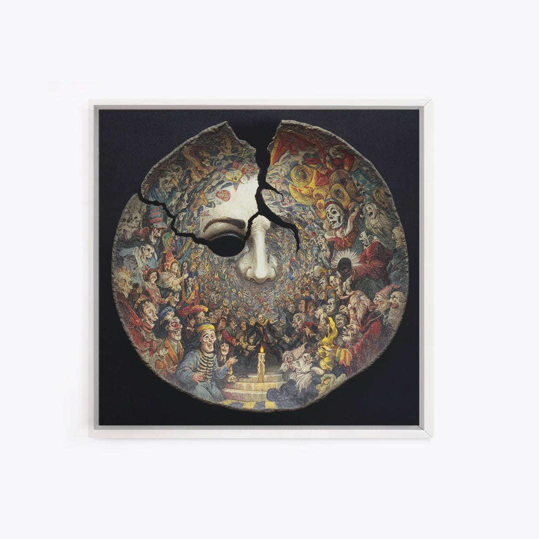 The Cracked Porcelain Mask, Grotesque Carnival Art, Square Wall Art, Dark Fantasy Wall Art, Canvas Print, Halloween Wall Art
