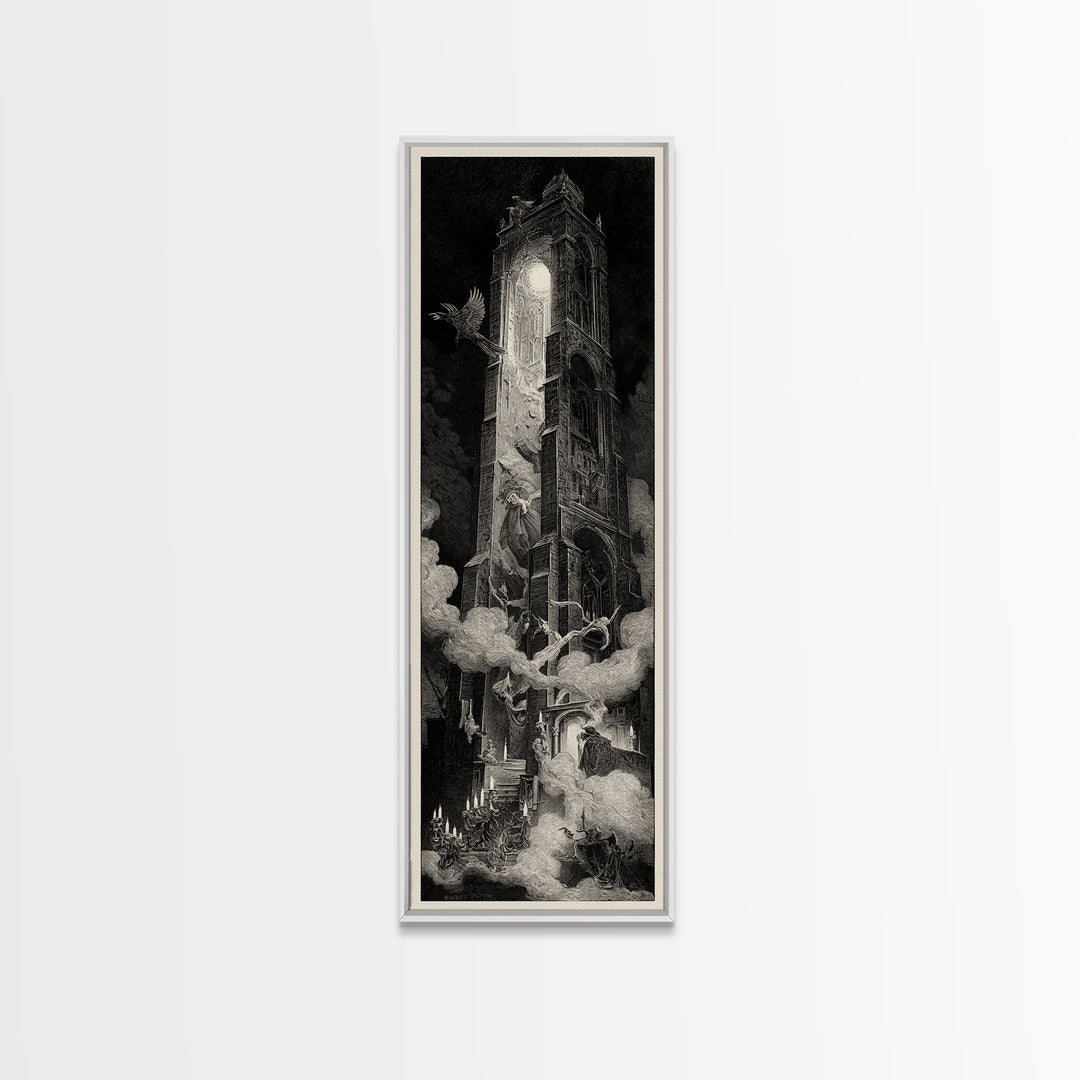 The Haunted Music Box, Gothic Engraving Art, Tall Narrow Wall Art, Macabre Wall Art, Canvas Print, Halloween Wall Art