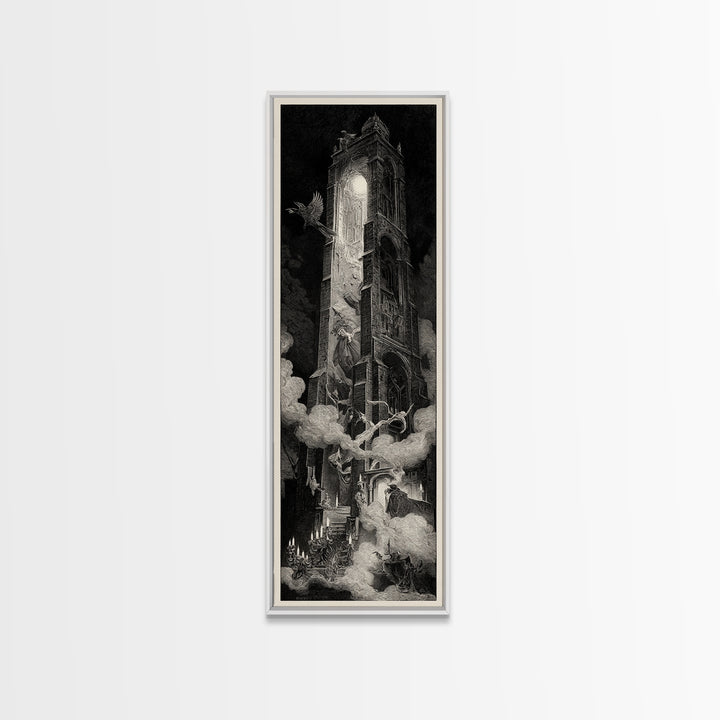 The Haunted Music Box, Gothic Engraving Art, Tall Narrow Wall Art, Macabre Wall Art, Canvas Print, Halloween Wall Art