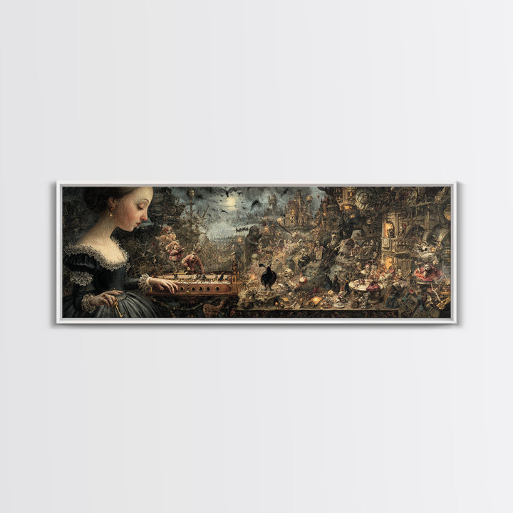 The Haunted Music Box, Medieval Grotesque Art, Extra Wide Wall Art, Gothic Horror Wall Art, Framed Canvas Print, Halloween Wall Art