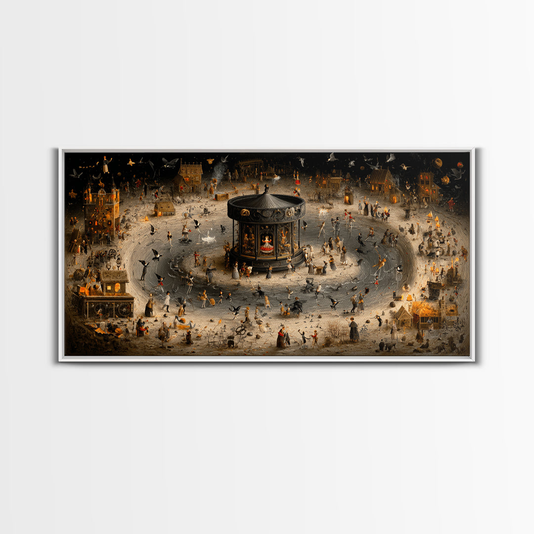 The Haunted Music Box, Northern Renaissance Horror, Wide Panoramic Art, Macabre Wall Art, Framed Canvas Print, Halloween Wall Art