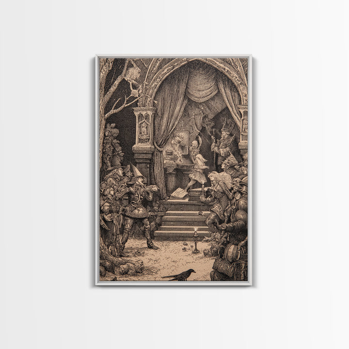 The Haunted Music Box, Renaissance Engraving Art, Vertical Wall Art, Macabre Wall Art, Framed Canvas Print, Halloween Wall Art