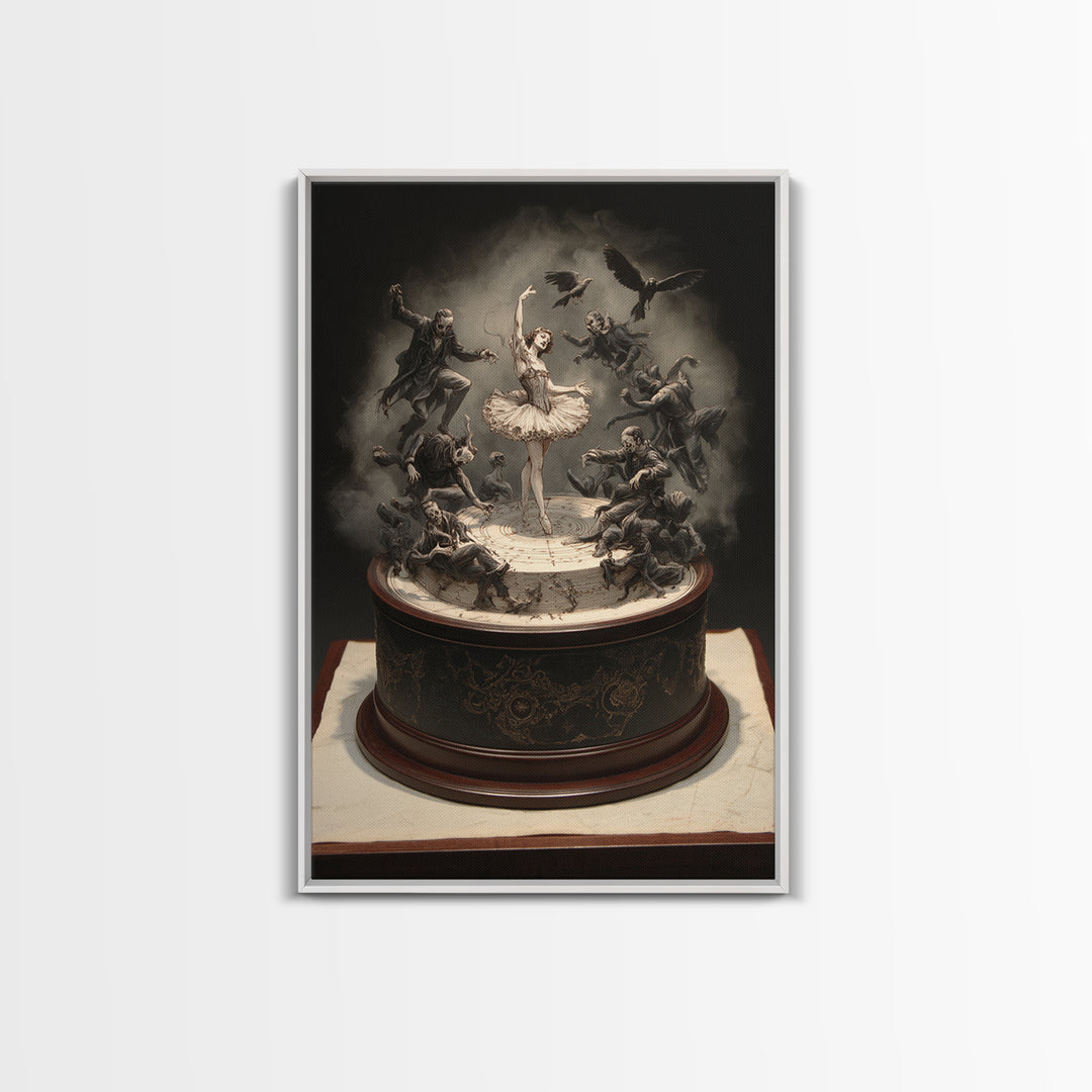 The Haunted Music Box, Gothic Nightmare Art, Vertical Wall Art, Dark Halloween Decor, Framed Canvas Print, Halloween Wall Art