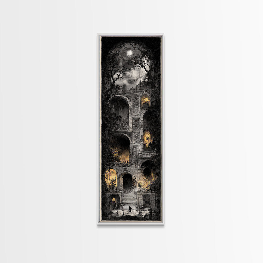 The Haunted Music Box, Architectural Etching Art, Tall Narrow Wall Art, Dark Halloween Decor, Canvas Print, Halloween Wall Art