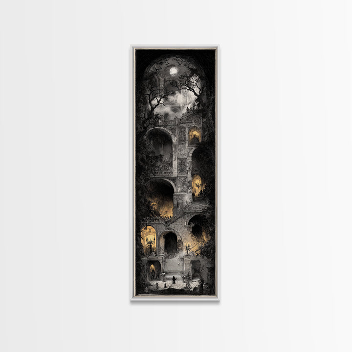 The Haunted Music Box, Architectural Etching Art, Tall Narrow Wall Art, Dark Halloween Decor, Canvas Print, Halloween Wall Art