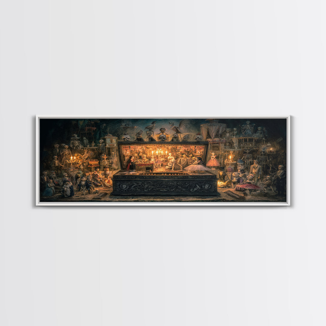 The Haunted Music Box, Grotesque Carnival Art, Wide Panoramic Art, Dark Fantasy Wall Art, Framed Canvas Print, Halloween Wall Art