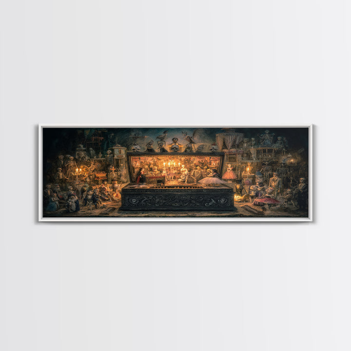 The Haunted Music Box, Grotesque Carnival Art, Wide Panoramic Art, Dark Fantasy Wall Art, Framed Canvas Print, Halloween Wall Art