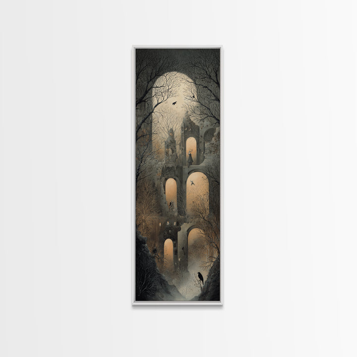 The Haunted Music Box, Surreal Apocalyptic Art, Tall Narrow Wall Art, Macabre Wall Art, Framed Canvas Print, Halloween Wall Art