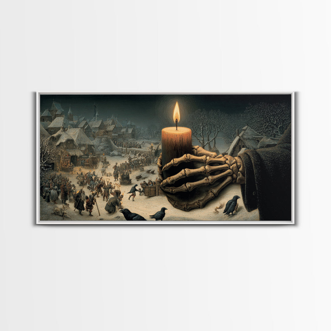 The Skeletal Hand Candleholder, Northern Renaissance Horror, Wide Panoramic Art, Dark Fantasy Wall Art, Framed Canvas Print