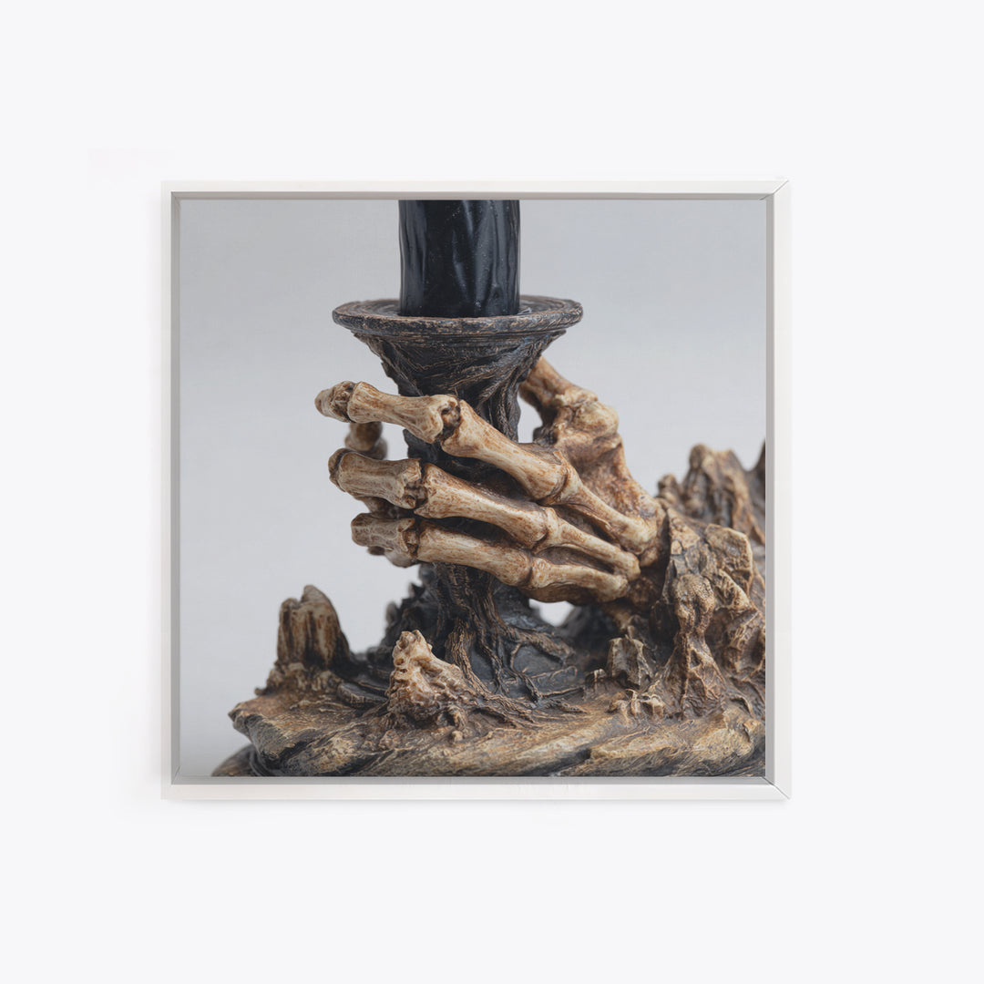 The Skeletal Hand Candleholder, Baroque Witchcraft Art, Square Wall Art, Dark Halloween Decor, Framed Canvas Print, Halloween Wall Art