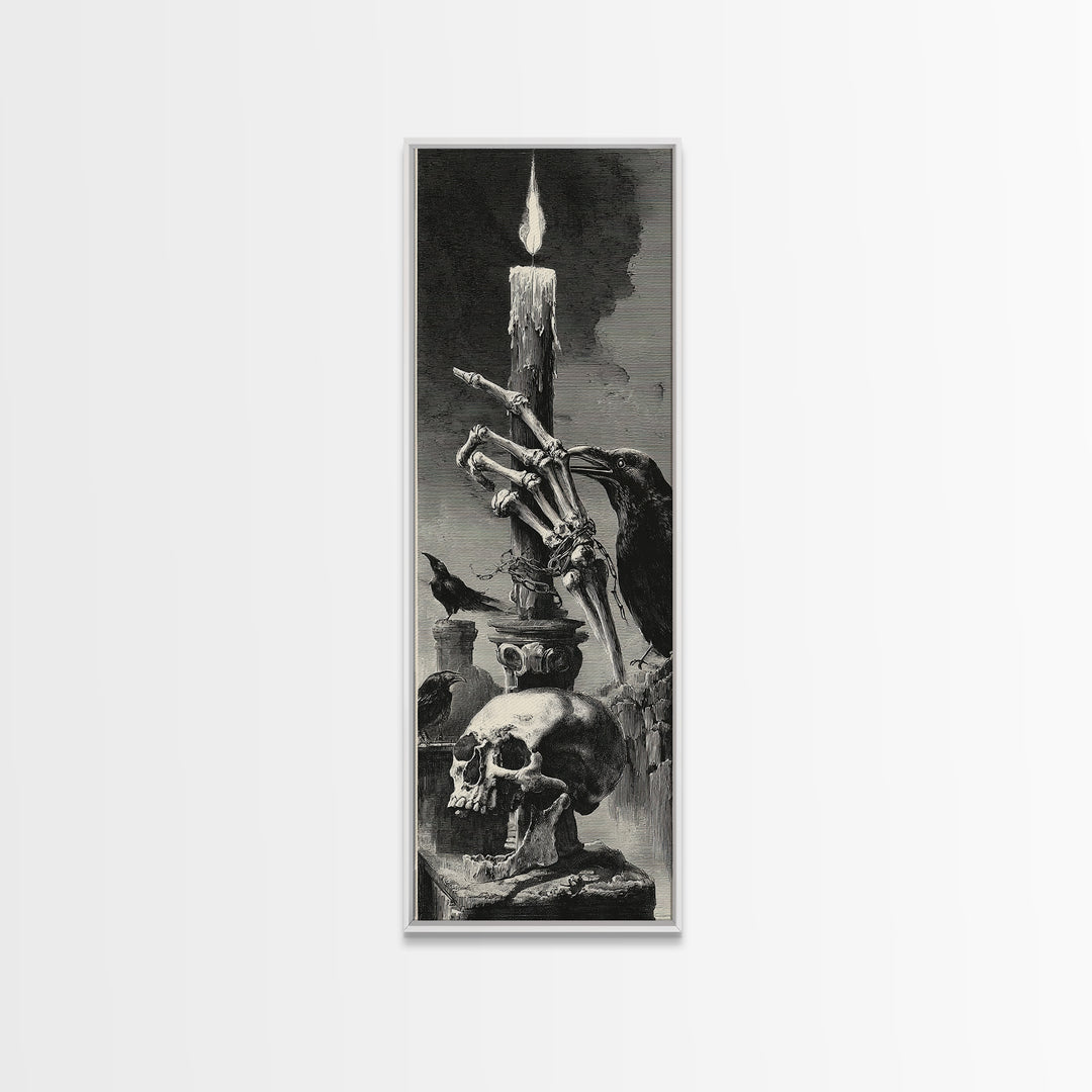 The Skeletal Hand Candleholder, Architectural Etching Art, Tall Narrow Wall Art, Dark Fantasy Wall Art, Canvas Print