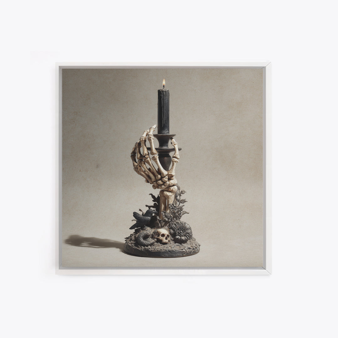 The Skeletal Hand Candleholder, Symbolist Dream Art, Square Wall Art, Dark Fantasy Wall Art, Framed Canvas Print, Halloween Wall Art