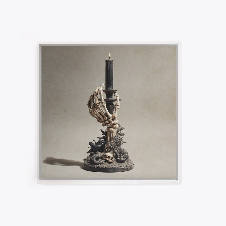The Skeletal Hand Candleholder, Symbolist Dream Art, Square Wall Art, Dark Fantasy Wall Art, Framed Canvas Print, Halloween Wall Art