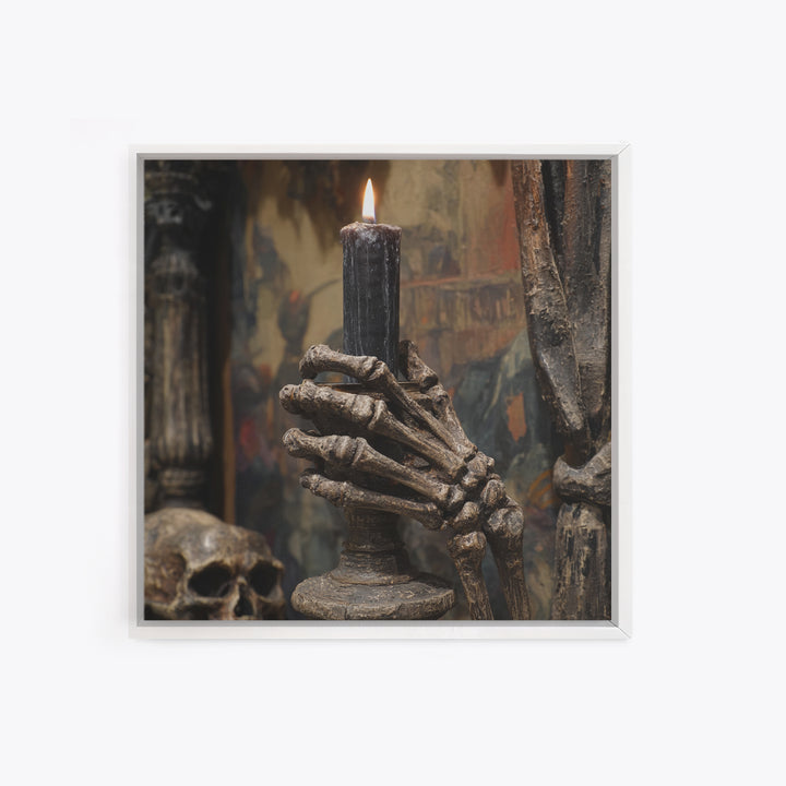 The Skeletal Hand Candleholder, Grotesque Carnival Art, Square Wall Art, Dark Halloween Decor, Canvas Print, Halloween Wall Art