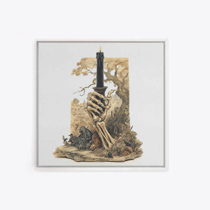 The Skeletal Hand Candleholder, Gothic Storybook Art, Square Wall Art, Macabre Wall Art, Canvas Print, Halloween Wall Art
