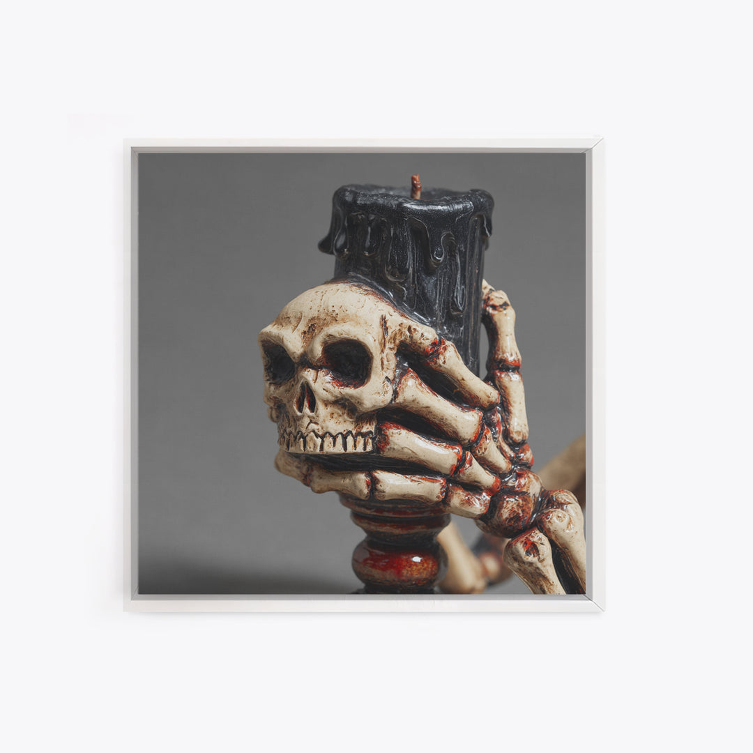 The Skeletal Hand Candleholder, Macabre Folk Print Art, Square Wall Art, Dark Fantasy Wall Art, Framed Canvas Print