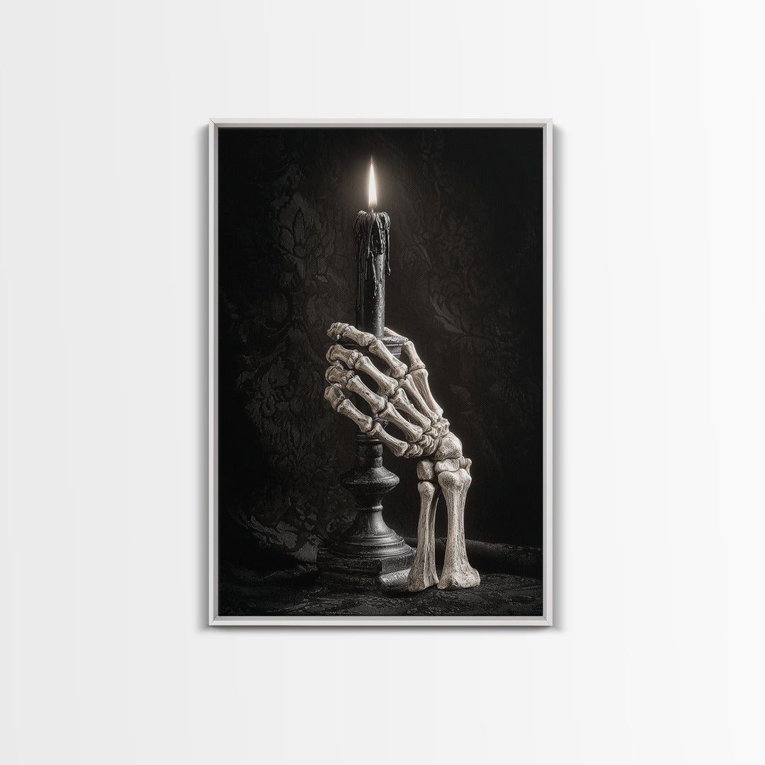 The Skeletal Hand Candleholder, Victorian Macabre Art, Vertical Wall Art, Macabre Wall Art, Framed Canvas Print, Halloween Wall Art