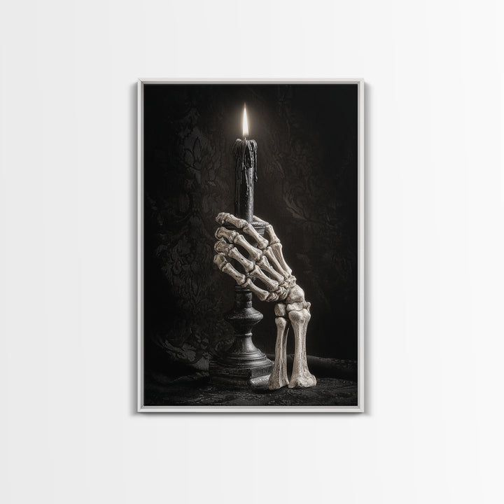 The Skeletal Hand Candleholder, Victorian Macabre Art, Vertical Wall Art, Macabre Wall Art, Framed Canvas Print, Halloween Wall Art