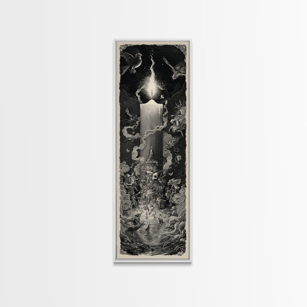 The Black Wax Candle, Gothic Engraving Art, Tall Narrow Wall Art, Dark Fantasy Wall Art, Canvas Print, Halloween Wall Art