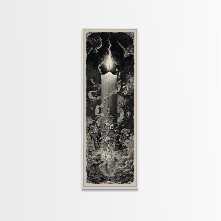 The Black Wax Candle, Gothic Engraving Art, Tall Narrow Wall Art, Dark Fantasy Wall Art, Canvas Print, Halloween Wall Art