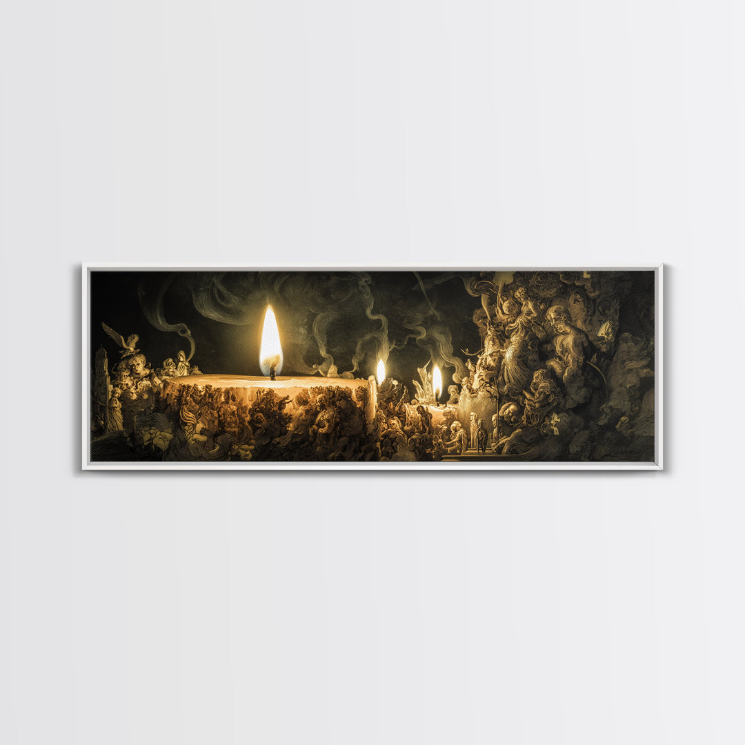 The Black Wax Candle, Medieval Grotesque Art, Extra Wide Wall Art, Dark Halloween Decor, Framed Canvas Print, Halloween Wall Art