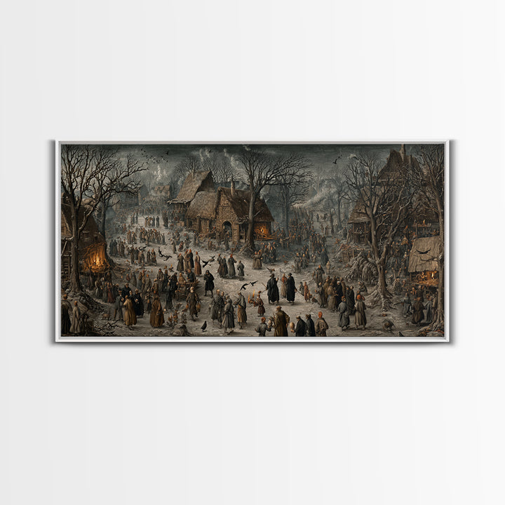 The Black Wax Candle, Northern Renaissance Horror, Wide Panoramic Art, Dark Halloween Decor, Framed Canvas Print