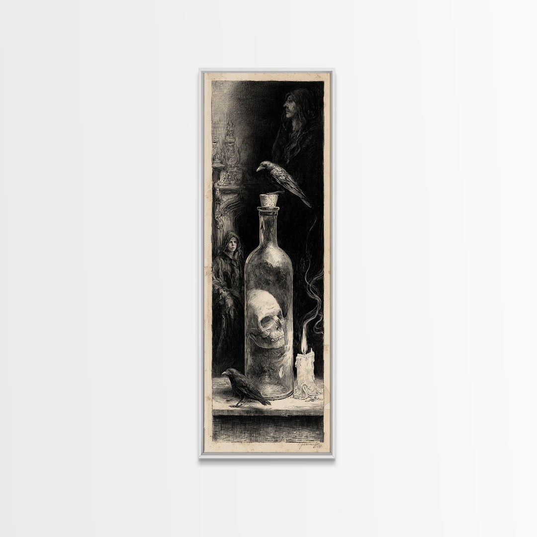 The Bottled Ghost, Gothic Engraving Art, Tall Narrow Wall Art, Macabre Wall Art, Framed Canvas Print, Halloween Wall Art