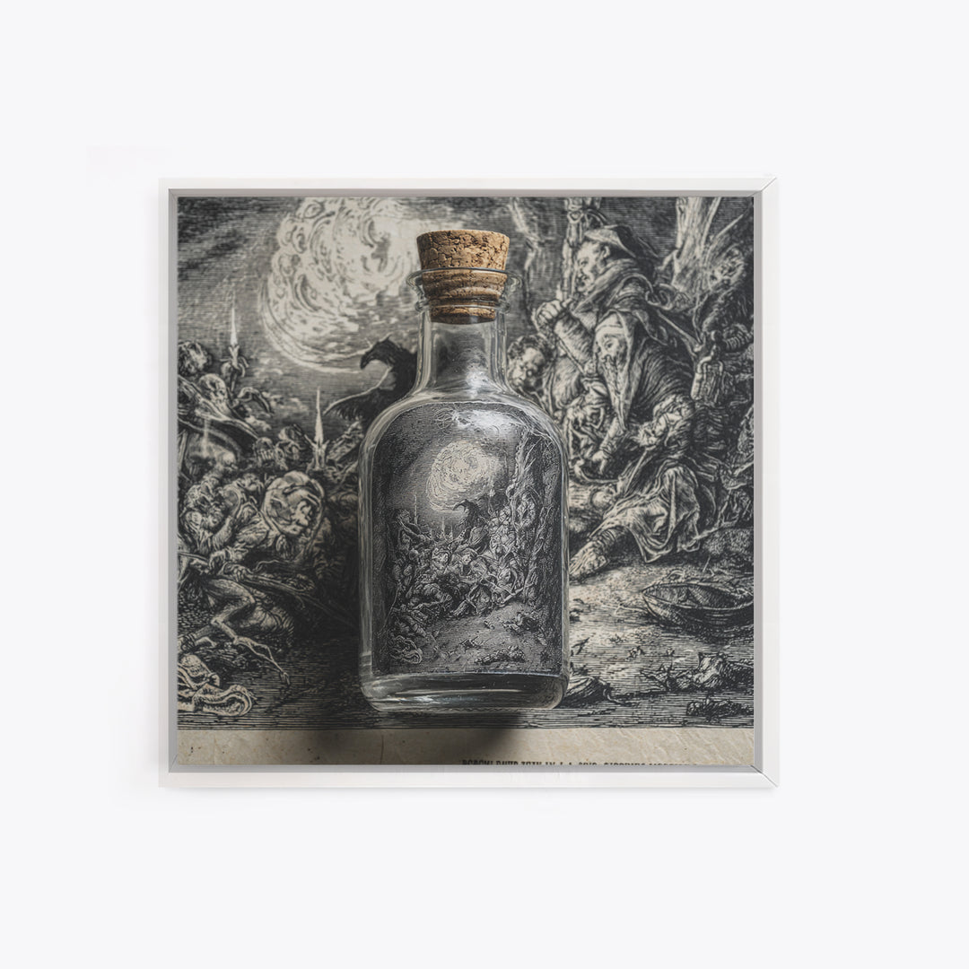 The Bottled Ghost, Renaissance Engraving Art, Square Wall Art, Dark Fantasy Wall Art, Framed Canvas Print, Halloween Wall Art