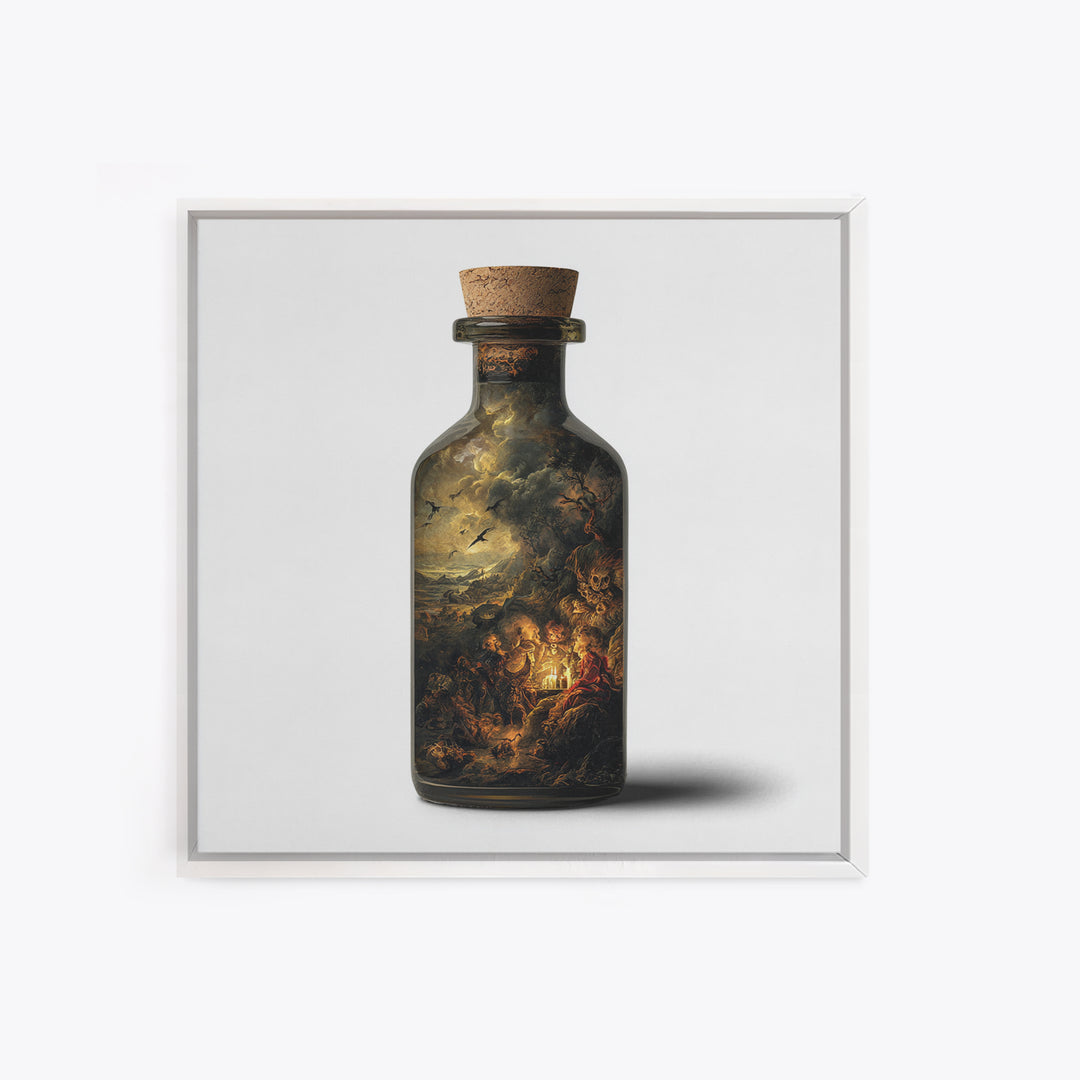 The Bottled Ghost, Baroque Witchcraft Art, Square Wall Art, Dark Halloween Decor, Framed Canvas Print, Halloween Wall Art