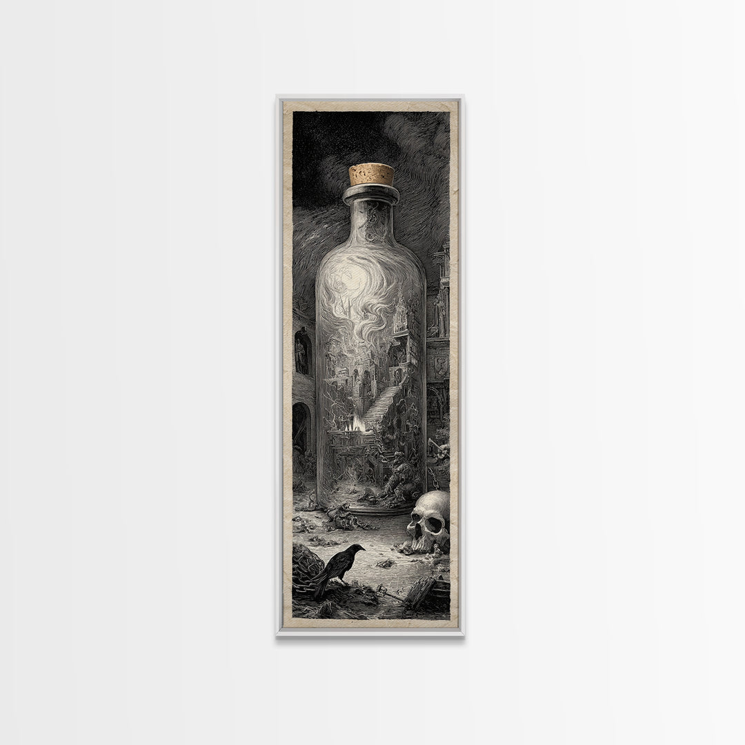 The Bottled Ghost, Architectural Etching Art, Tall Narrow Wall Art, Gothic Horror Wall Art, Canvas Print, Halloween Wall Art
