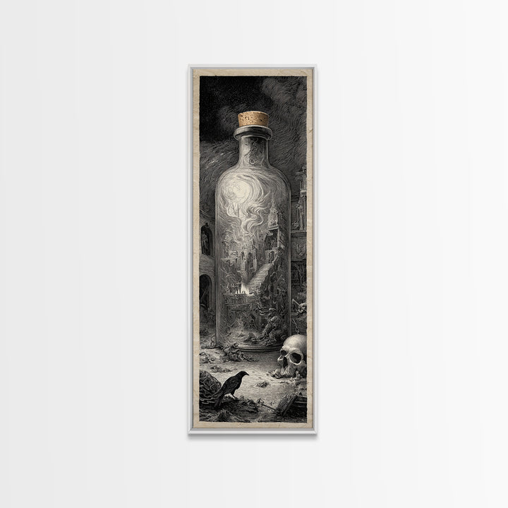 The Bottled Ghost, Architectural Etching Art, Tall Narrow Wall Art, Gothic Horror Wall Art, Canvas Print, Halloween Wall Art