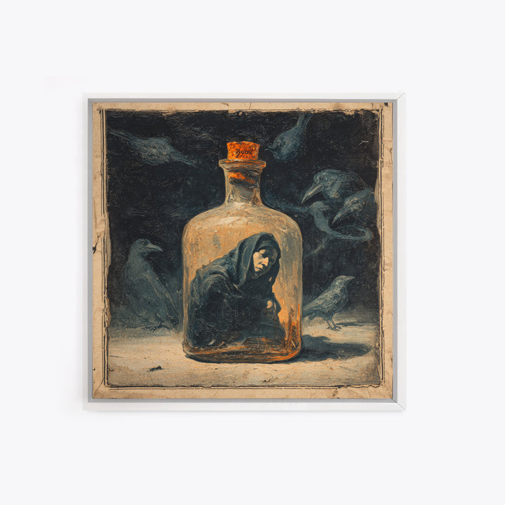 The Bottled Ghost, Dark Symbolist Art, Square Wall Art, Dark Halloween Decor, Canvas Print, Halloween Wall Art