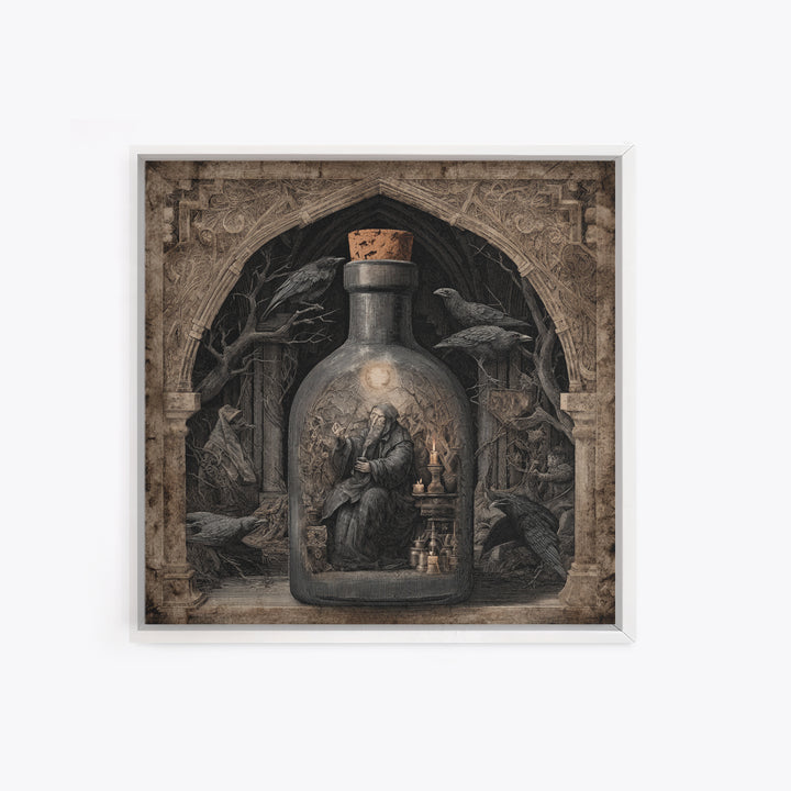 The Bottled Ghost, Symbolist Etching Art, Square Wall Art, Macabre Wall Art, Framed Canvas Print, Halloween Wall Art, Halloween Decor