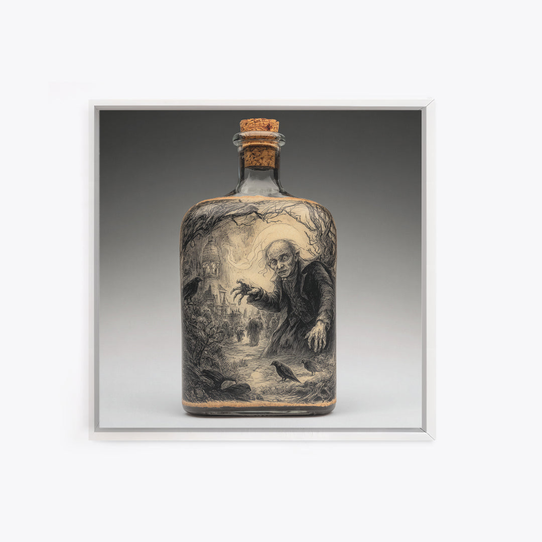 The Bottled Ghost, Expressionist Nightmare Art, Square Wall Art, Dark Fantasy Wall Art, Framed Canvas Print, Halloween Wall Art