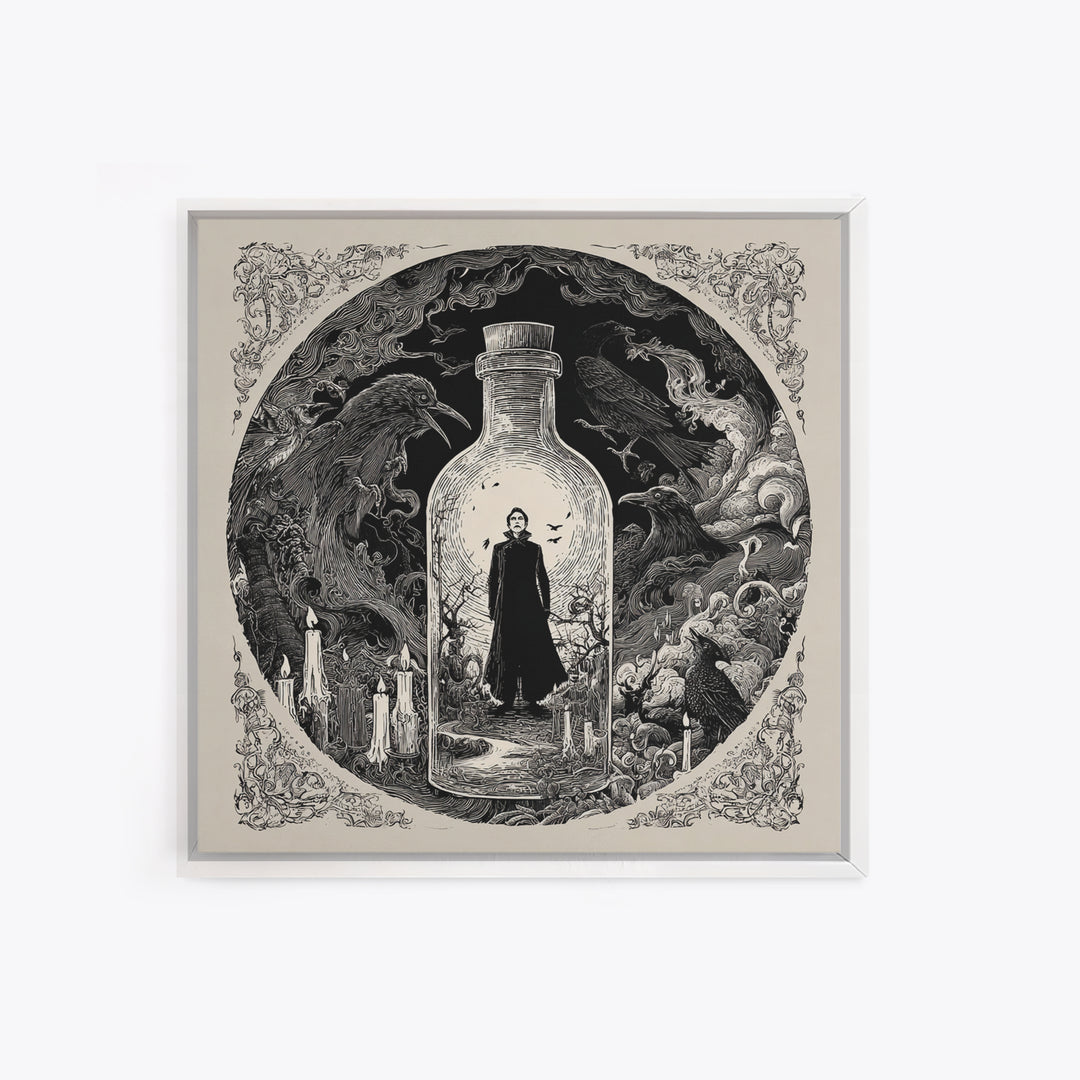 The Bottled Ghost, Decadent Line Art, Square Wall Art, Dark Fantasy Wall Art, Framed Canvas Print, Halloween Wall Art