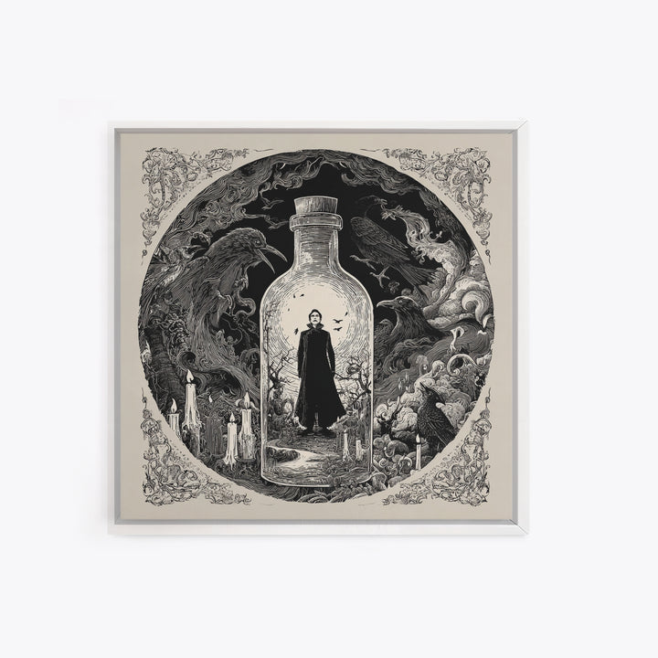 The Bottled Ghost, Decadent Line Art, Square Wall Art, Dark Fantasy Wall Art, Framed Canvas Print, Halloween Wall Art