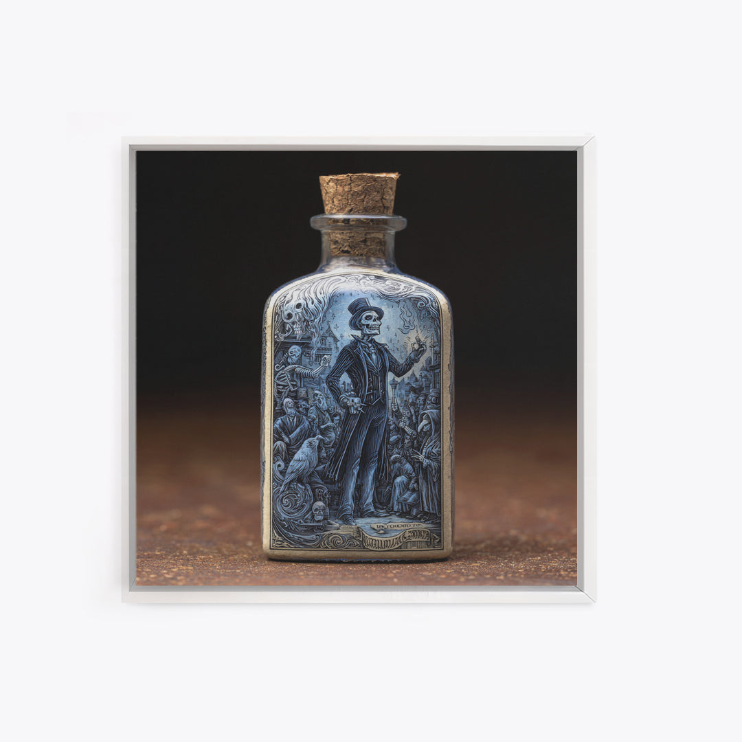 The Bottled Ghost, Macabre Folk Print Art, Square Wall Art, Dark Fantasy Wall Art, Framed Canvas Print, Halloween Wall Art