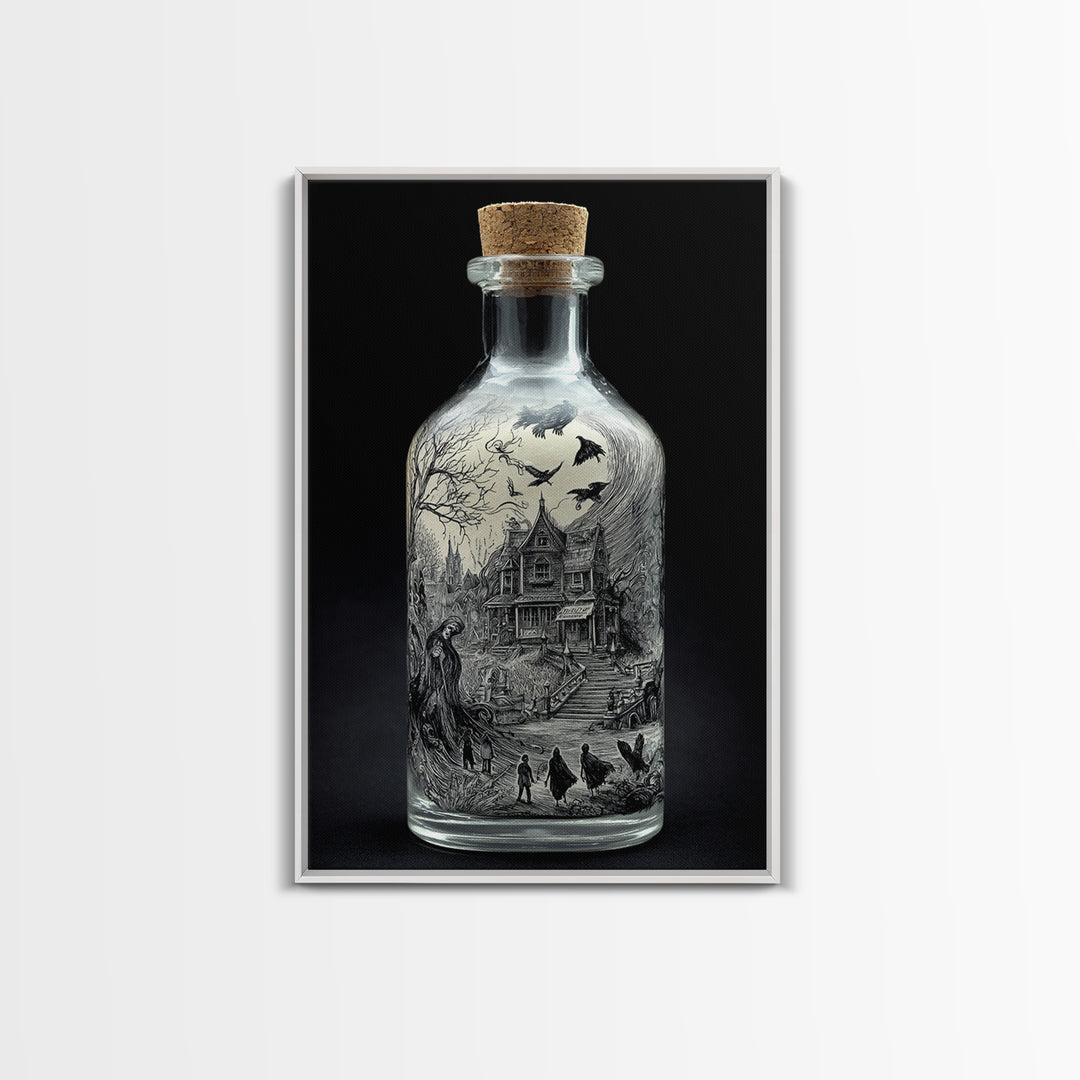The Bottled Ghost, Victorian Macabre Art, Vertical Wall Art, Dark Halloween Decor, Framed Canvas Print, Halloween Wall Art