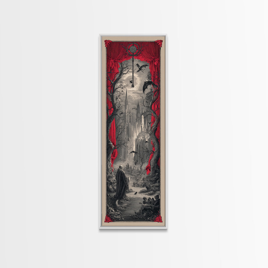 The Coffin Key, Gothic Engraving Art, Tall Narrow Wall Art, Macabre Wall Art, Framed Canvas Print, Halloween Wall Art, Halloween Decor