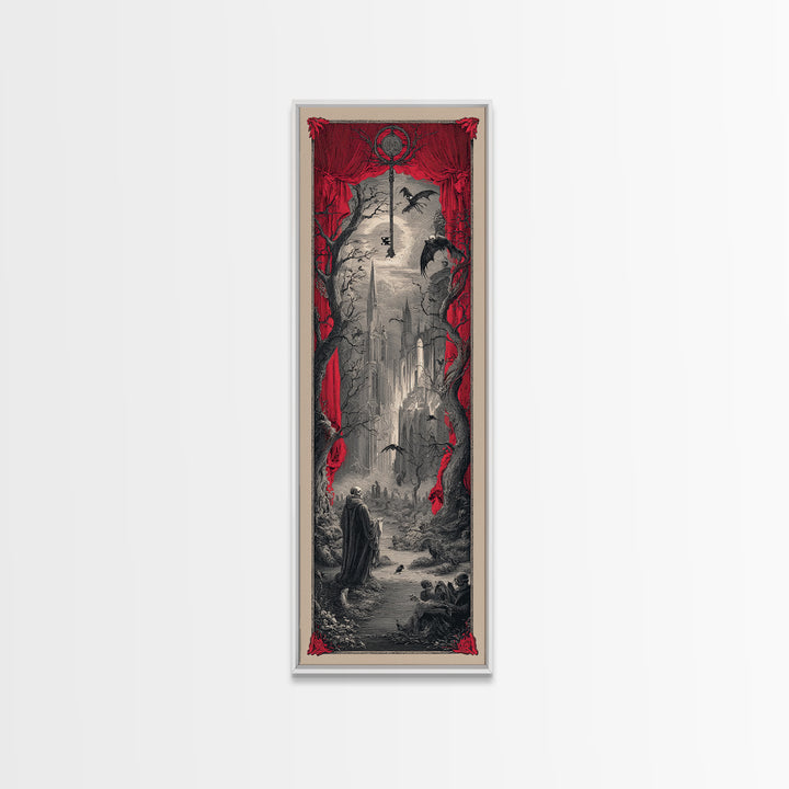 The Coffin Key, Gothic Engraving Art, Tall Narrow Wall Art, Macabre Wall Art, Framed Canvas Print, Halloween Wall Art, Halloween Decor