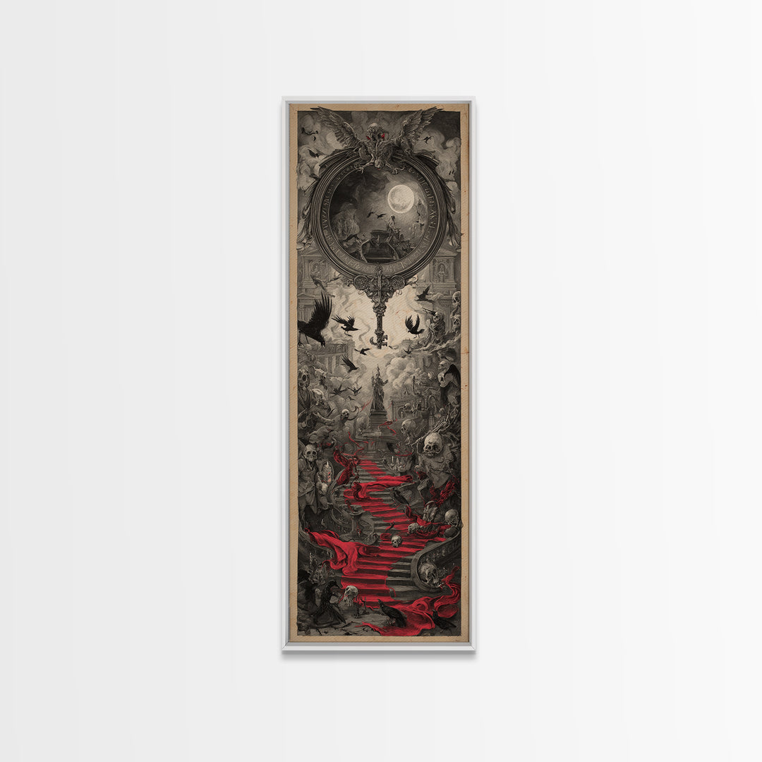 The Coffin Key, Architectural Etching Art, Tall Narrow Wall Art, Dark Halloween Decor, Canvas Print, Halloween Wall Art