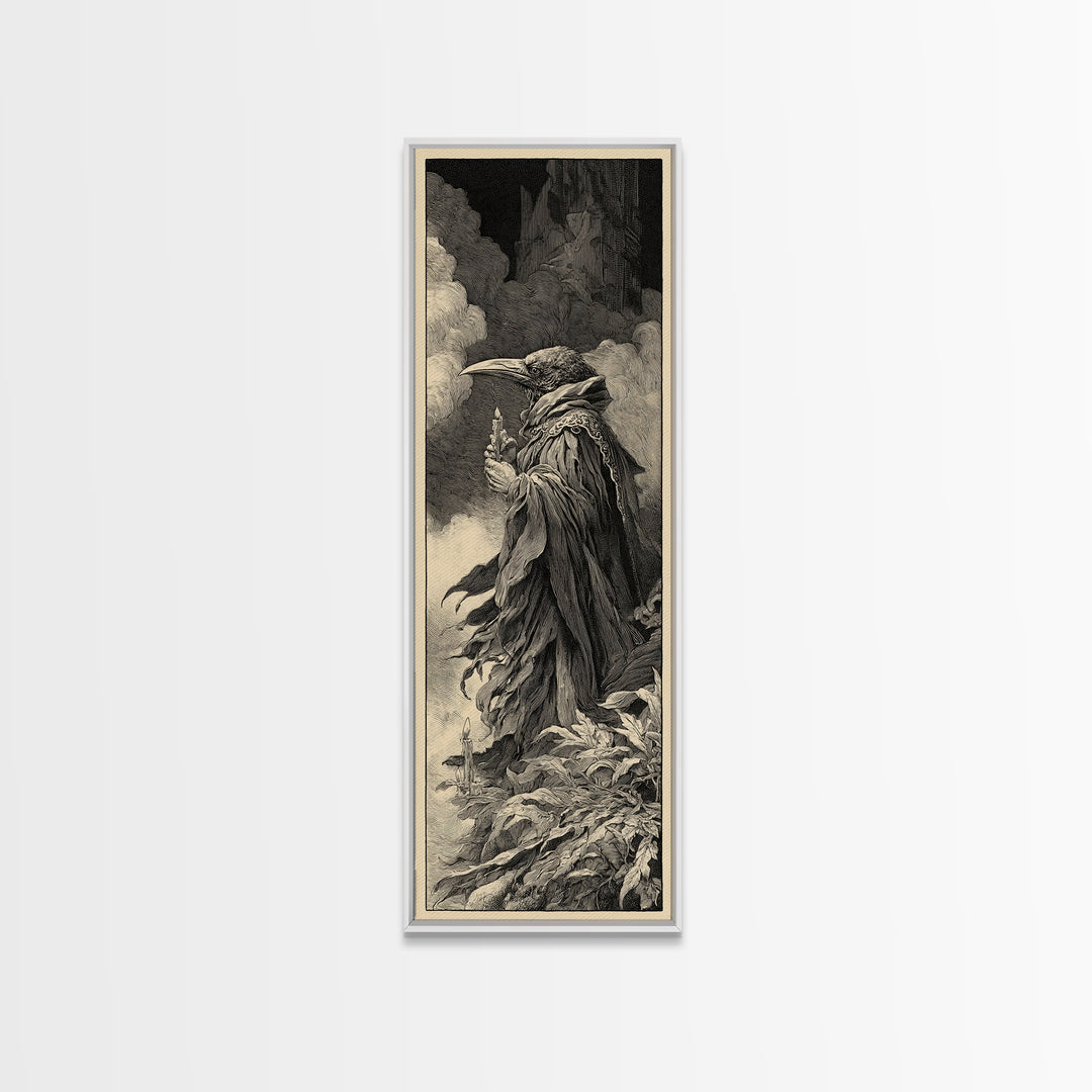 The Raven-Feather Quill, Gothic Engraving Art, Tall Narrow Wall Art, Dark Fantasy Wall Art, Framed Canvas Print, Halloween Wall Art