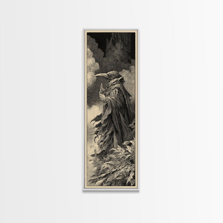 The Raven-Feather Quill, Gothic Engraving Art, Tall Narrow Wall Art, Dark Fantasy Wall Art, Framed Canvas Print, Halloween Wall Art