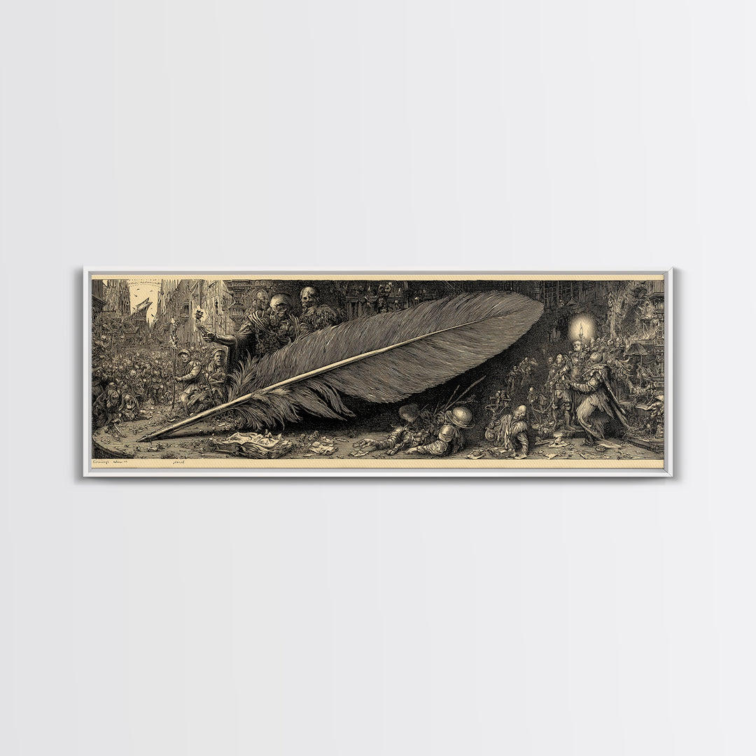 The Raven-Feather Quill, Medieval Grotesque Art, Extra Wide Wall Art, Dark Halloween Decor, Framed Canvas Print, Halloween Wall Art