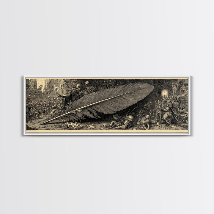 The Raven-Feather Quill, Medieval Grotesque Art, Extra Wide Wall Art, Dark Halloween Decor, Framed Canvas Print, Halloween Wall Art