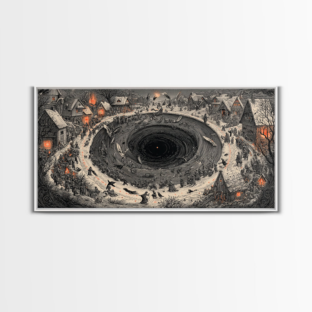 The Raven-Feather Quill, Northern Renaissance Horror, Wide Panoramic Art, Gothic Horror Wall Art, Framed Canvas Print